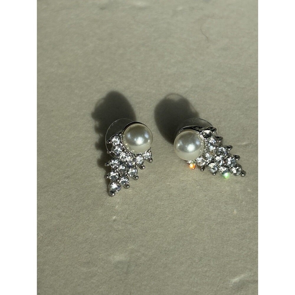 Silver Tone Pearl and Crystal Cluster Statement Stud Earrings Wedding